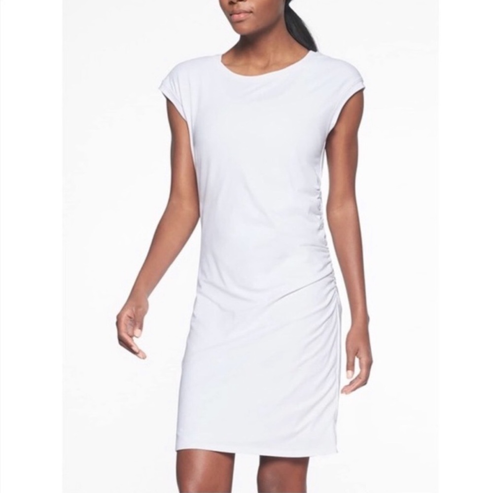 Athleta White Carefree Tee Dress Size Small Pima Cotton Modal Ruched Cap Sleeves